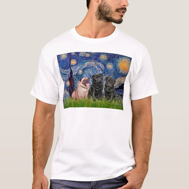 Camiseta Trio de Pug (1F,2M) - Noite Estrelada (Frente)