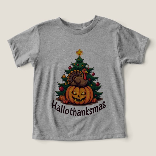 Camiseta Trio Hallothanksmas: Abóbora, Peru & Natal (Design frontal)