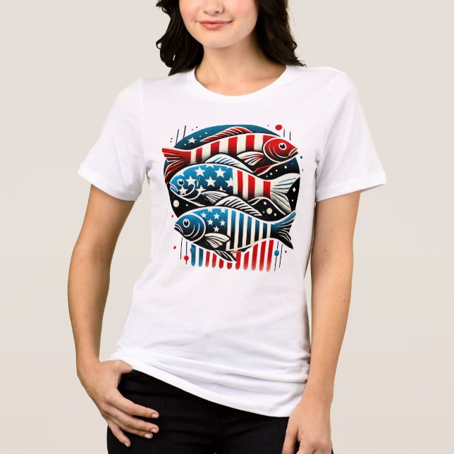 Camiseta Trio Patriótico de Peixes - Impressão de Arte Verm (Frente)