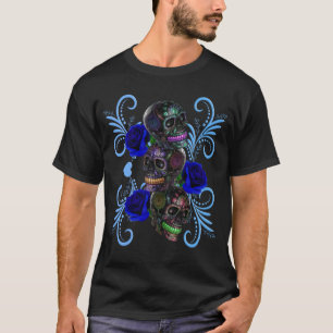 Camiseta Triplo Dia Negro Dos Cascos Mortos Com Rosa Azul