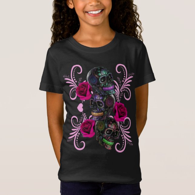 Camiseta Triplo Dia Negro Dos Cascos Mortos Rosas Rosa (Frente)