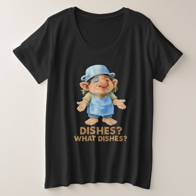 Camiseta Troll Engraçado de Cozinha - Pratos? Que pratos? C (Frente do Design)