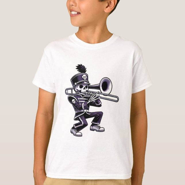 Camiseta Trombone de Banda de Marcha Escolar de Esqueleto H (Frente)