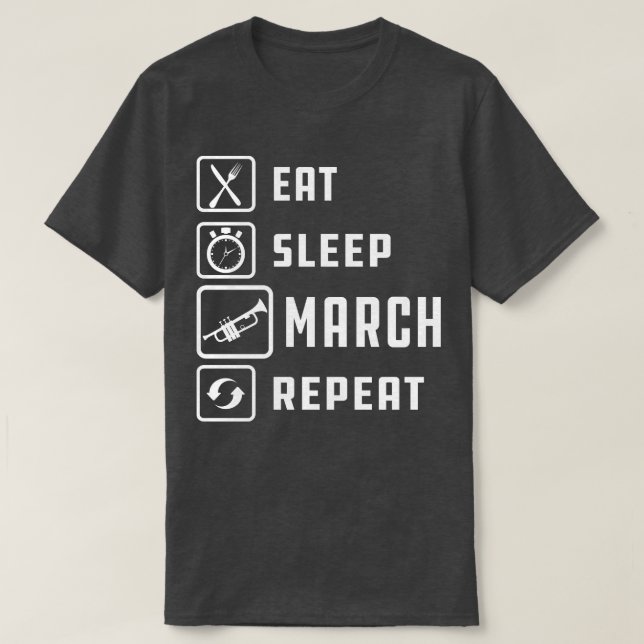 Camiseta Trompete Coma Dormindo Marcha Repetir w (Frente do Design)