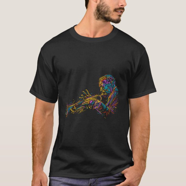Camiseta Trompete Tocando Jazz Seção de Metais Multi Colori (Frente)