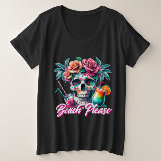 Camiseta Tropical Beach Please Skull Tamanho Plus