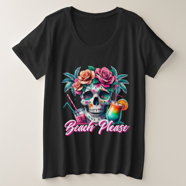 Camiseta Tropical Beach Please Skull Tamanho Plus (Frente do Design)