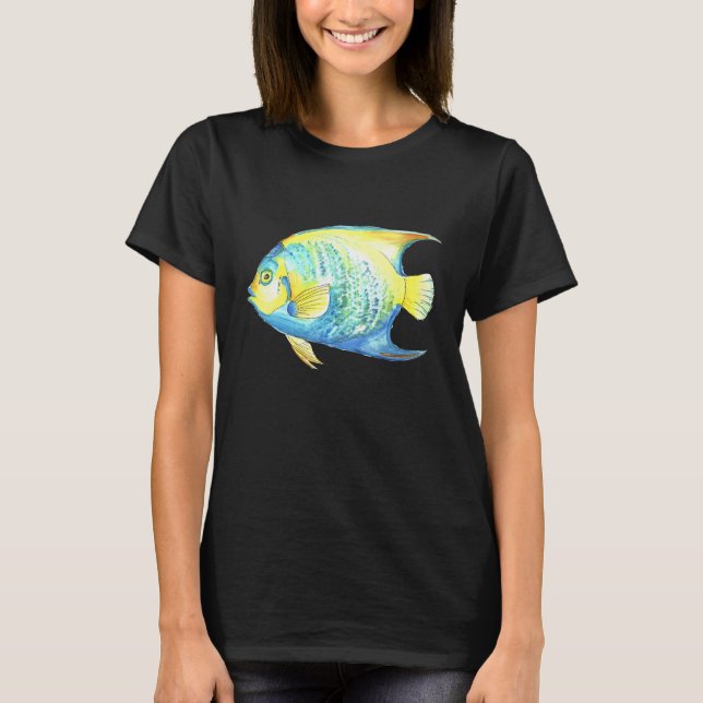 Camiseta Tropical Blue Queen Angelfish Aquarium Watercolor  (Frente)