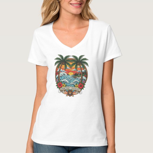 Camiseta Tropical de Ondas de Palmeira de Monterey (Frente)