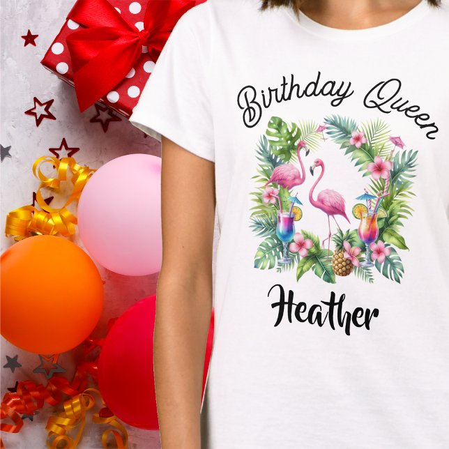 Camiseta Tropical Flamingo Birthday Queen (Tropical Flamingo Birthday Queen T-shirt for Delightful Birthday Party!  Enjoy Tropical vibes!)