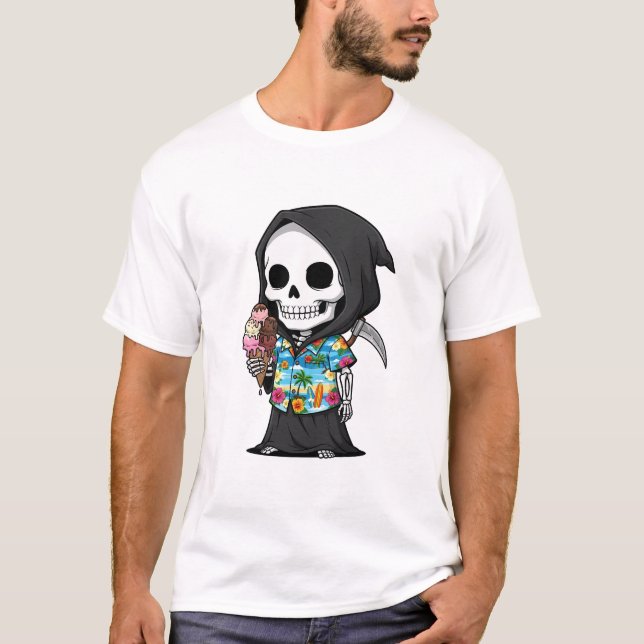 Camiseta Tropical Grim Treats – Playful Skeleton Cartoon (Frente)