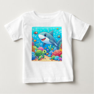 Camiseta Tropical/Havaiano colorido tubarão e tartaruga sub