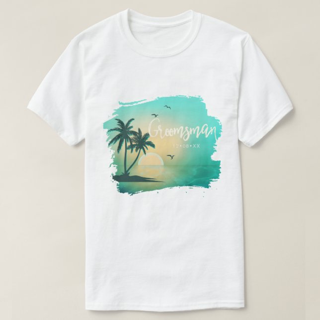 Camiseta Tropical Isle Padrinho de casamento Teal ID581 (Frente do Design)