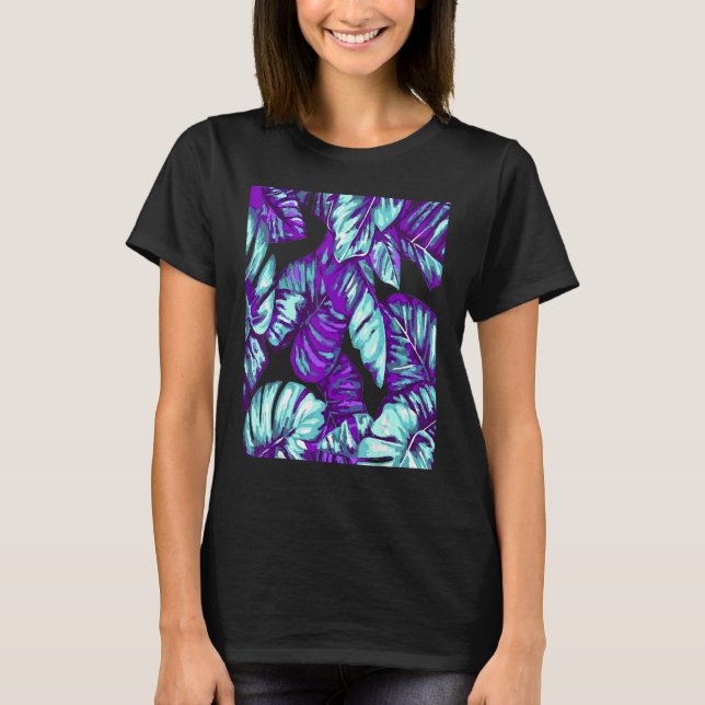 Camiseta Tropical Leaves Of Banana and Monstera Blue Pink C (Frente)