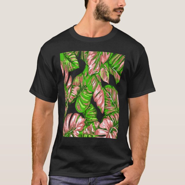 Camiseta Tropical Leaves Of Banana and Monstera Pink Green  (Frente)
