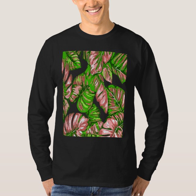 Camiseta Tropical Leaves Of Banana and Monstera Pink Green  (Frente)