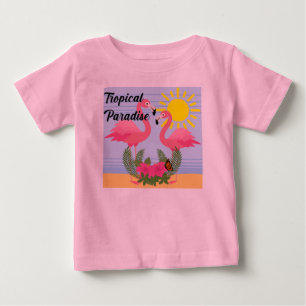 Camiseta Tropical Paraíso Rosa Flamingo - Baby Fine Jersey