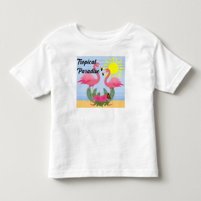 Camiseta Tropical Paraíso Rosa Flamingo - Toddler Fine Jer (Frente)