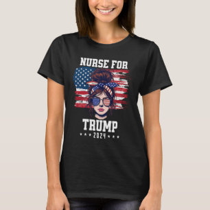 Camiseta Trump 2024 Enfermeira Messy Bun America Flag Para