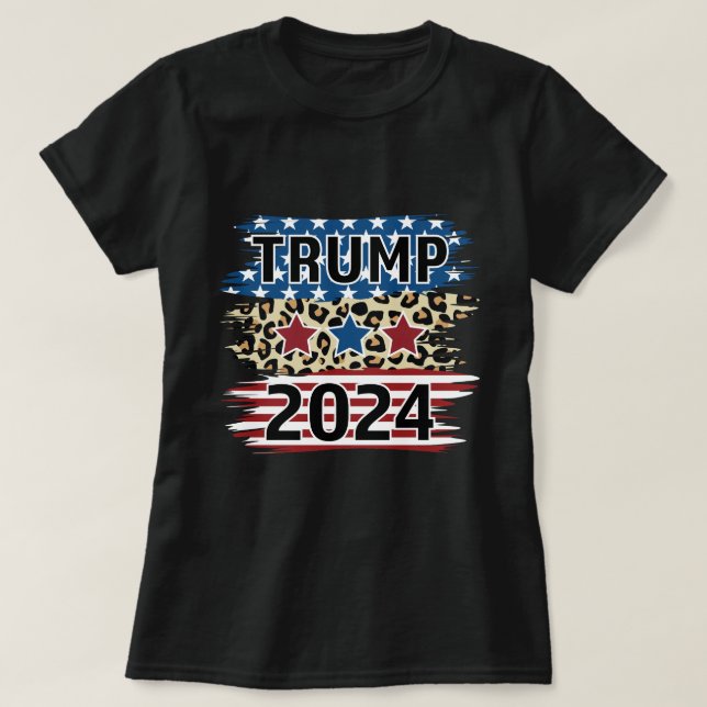 Camiseta Trump 2024, Mergulho Americano Flag Cheetah Patter (Frente do Design)