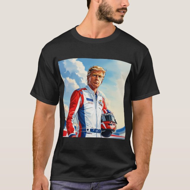 Camiseta Trump Racing Car Driver w Helmet NASCAR MAGA (Frente)