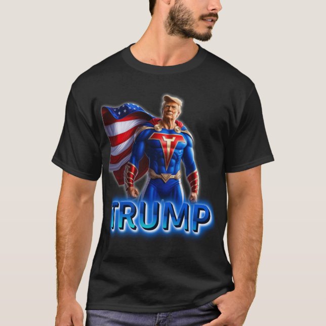 Camiseta Trump Super-Herói: Design Poder Patriótico 2025 (Frente)