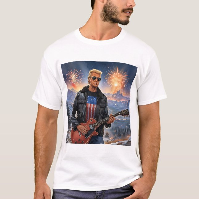 Camiseta Trump Tocando Violão Elétrico Fireworks Americano (Frente)