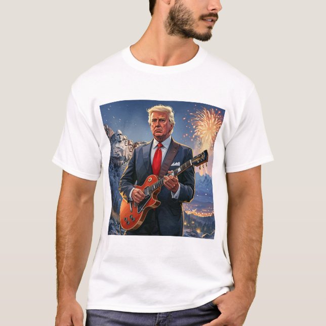 Camiseta Trump Tocando Violão Elétrico Monte Rushmore MAGA (Frente)
