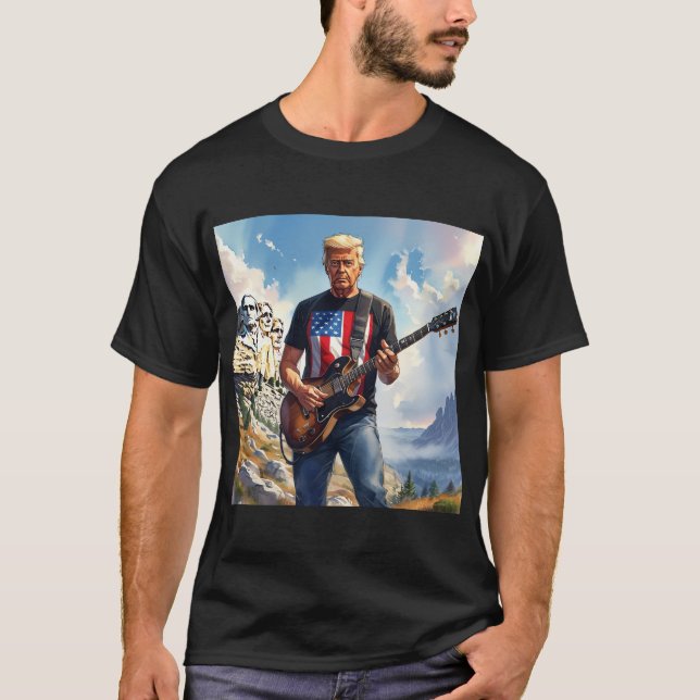 Camiseta Trump Tocando Violão Elétrico Monte Rushmore MAGA (Frente)