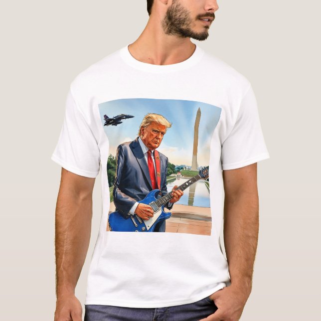 Camiseta Trump Tocando Violão Elétrico Monumento a Washingt (Frente)