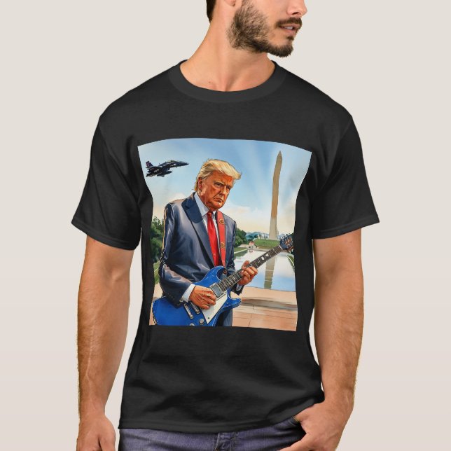 Camiseta Trump Tocando Violão Elétrico Monumento a Washingt (Frente)
