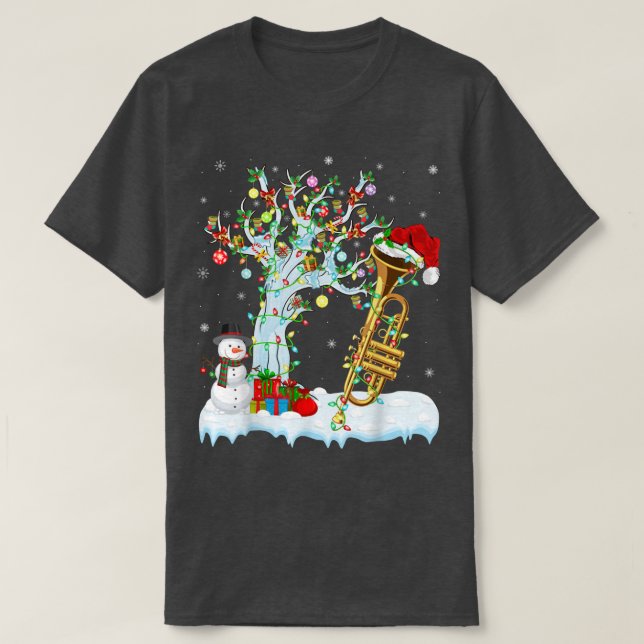 Camiseta Trumpet Music Xmas Tree Lighting Santa Hat Trumpet (Frente do Design)