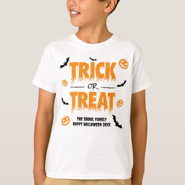 Camiseta Truque de Bat de Bomba ou Tratar Leve Tema 2 Crian (Frente)