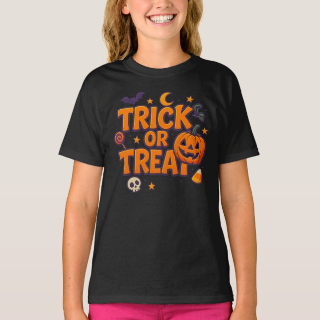 Camiseta Truque de Halloween ou trato de roupas (Frente)