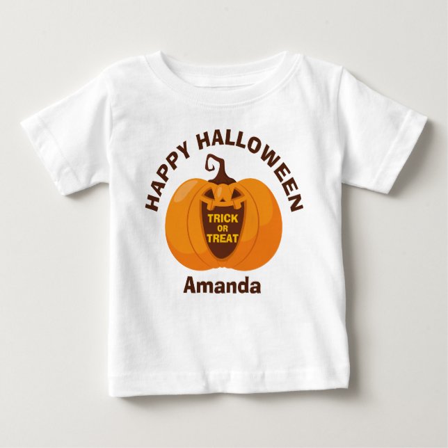 Camiseta Truque Feliz de Halloween ou Tratar Abóbora Laranj (Frente)