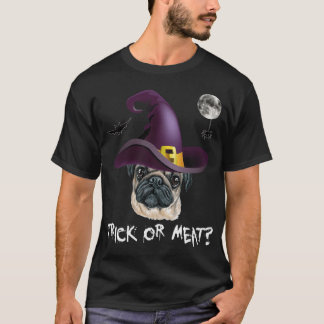 Camiseta TRUQUE OU CARNE? Pug chapéu de bruxa morcego lua H