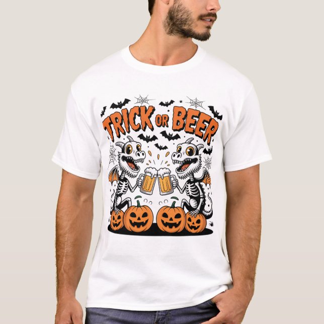 Camiseta Truque ou cerveja Skeleton Dragões Arte Halloween (Frente)