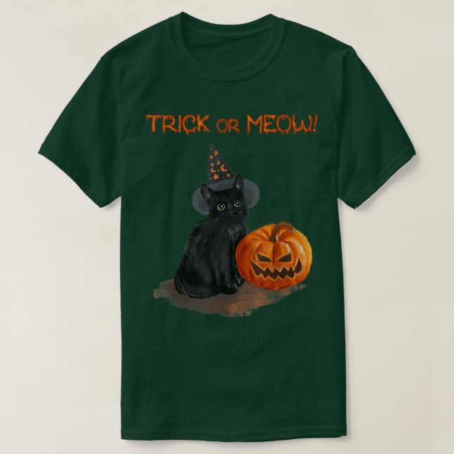 Camiseta Truque Ou Miow Black Cat Jack O Lanterna Cute Kitt (Frente do Design)