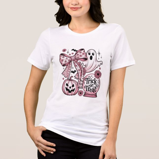 Camiseta Truque ou tratamento cor-de-rosa - Fantasma Menina (Frente)