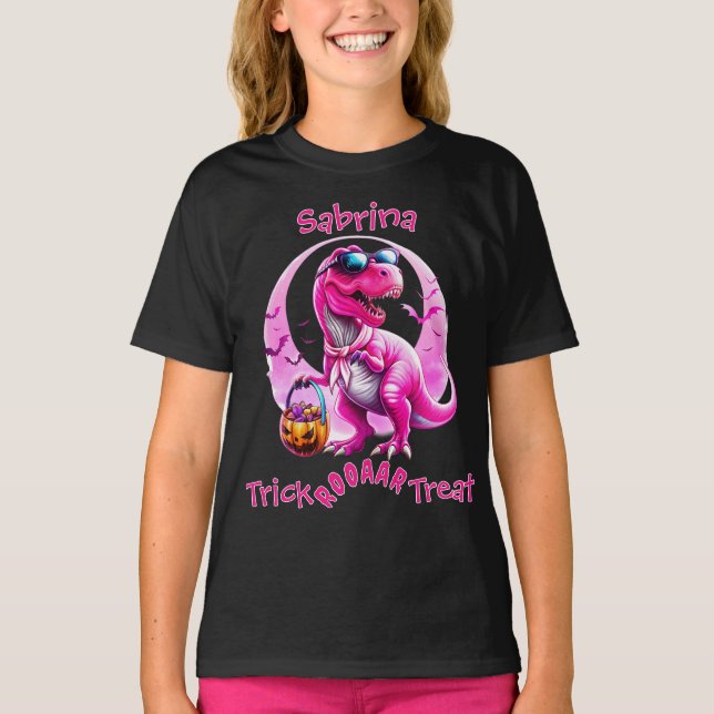 Camiseta Truque Ou Tratamento De Dinossauro Rosa (Frente)