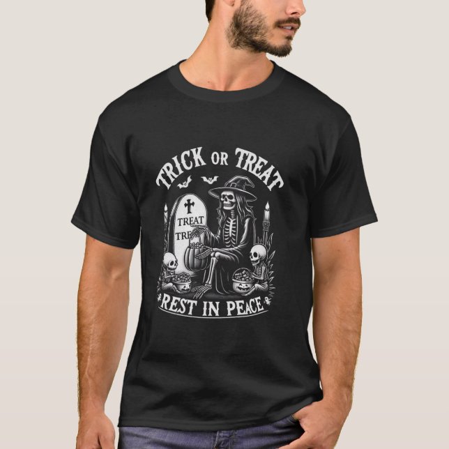 Camiseta Truque ou tratamento do esqueleto da bruxa do Dia  (Frente)