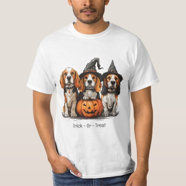 Camiseta Truque Ou Tratar Cães De Beagle Halloween (Frente)