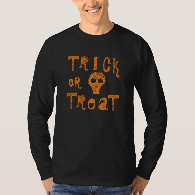 Camiseta Truque ou Tratar Caveira Laranja Arrefecida (Frente)