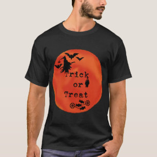 Camiseta Truque ou tratem com bruxa e morcego na Lua Laranj