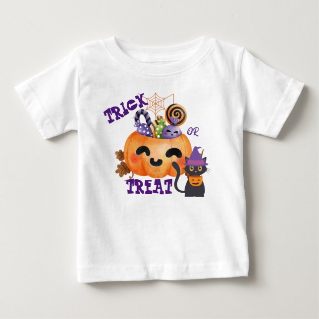 Camiseta Truque Roxo ou Tratar com abóbora e guloseimas (Frente)