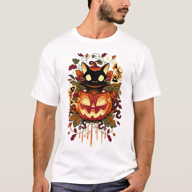 Camiseta Truques de outono - Gato Negro e Abóbora do Hallow (Frente)