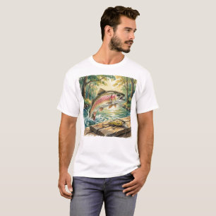 Camiseta Truta arco-íris saltando em riacho da floresta aqu