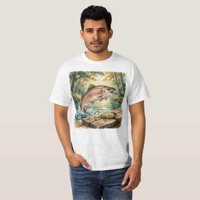 Camiseta Truta arco-íris saltando em riacho da floresta aqu (Frente Completa)
