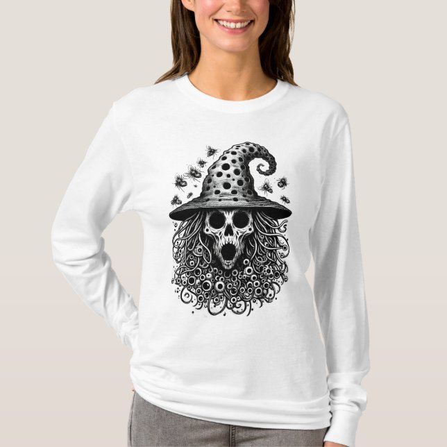 Camiseta Trypophobia Bruxas Caveira Design do Halloween (Frente)