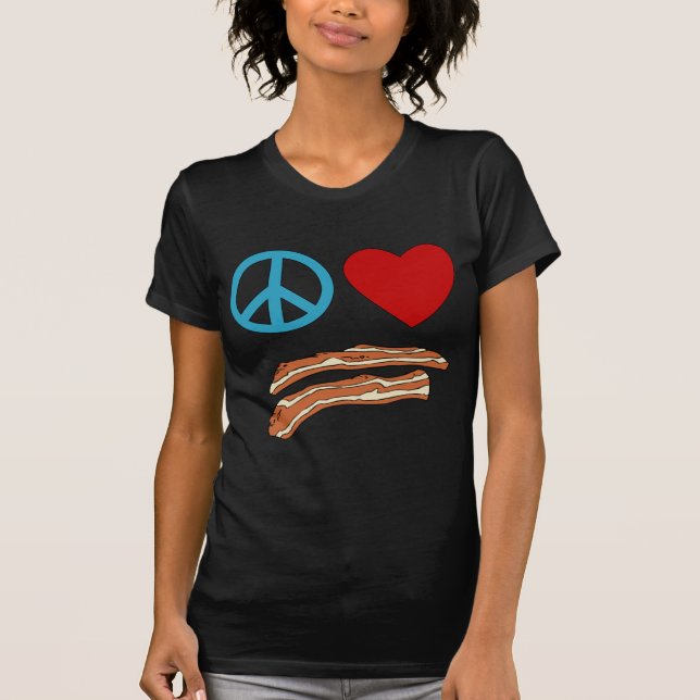 Camiseta Tshirt da simbologia do bacon do amor da paz, (Frente)
